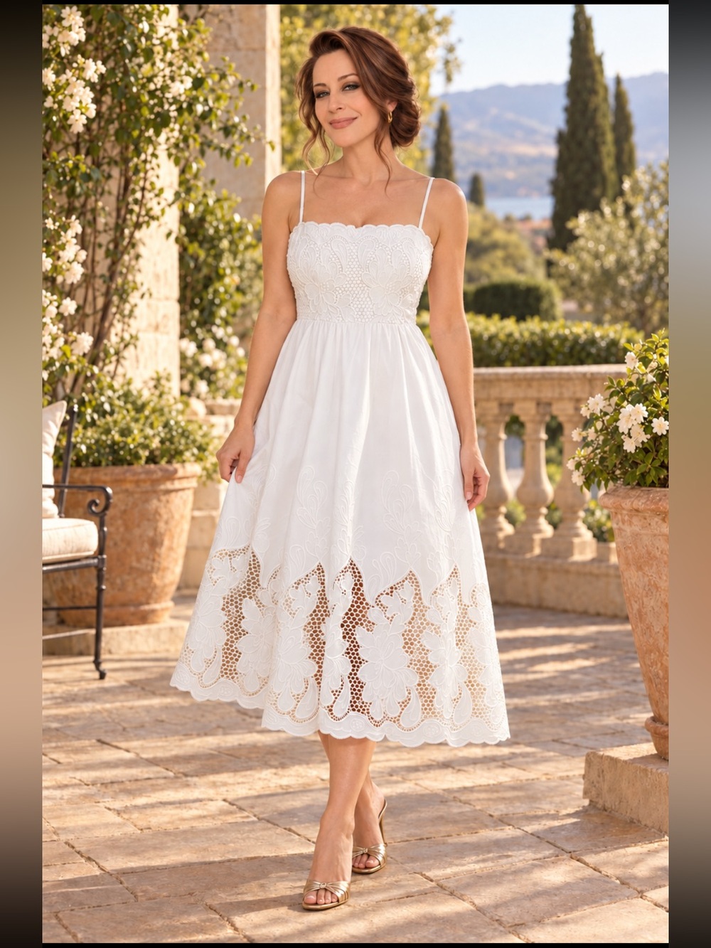 NWT Express White Lace Midi Dress Cutwork Design Spaghetti Strap A-line Dress L